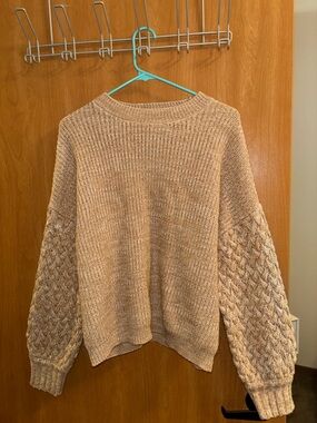Sanctuary Beige Cable-Sleeve Crew Neck Sweater